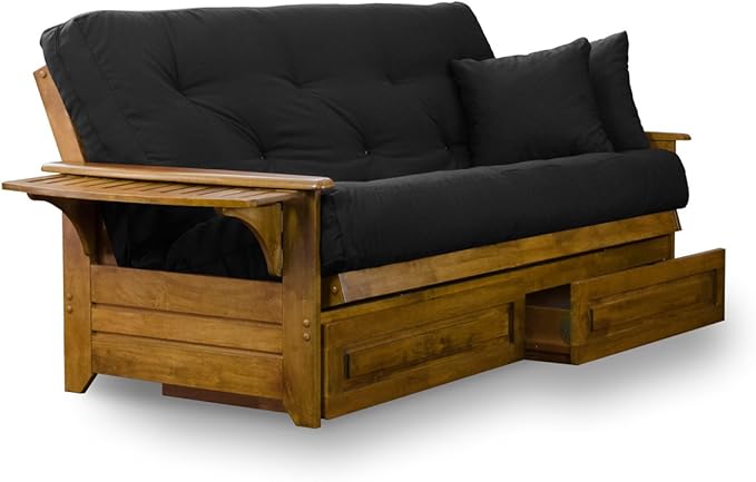 Nirvana Futons Brentwood Tray Arm Futon Frame, Drawers, and Black Mattress Set - Full, Rich Heritage Finish