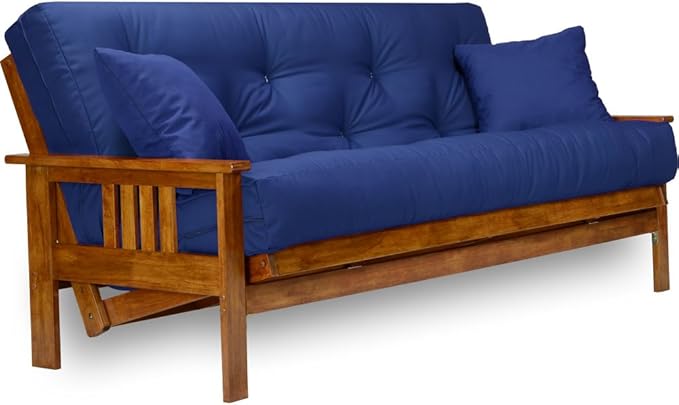 Nirvana Futons Stanford Futon Set - Queen Size, Frame, 8" Mattress, Twill Royal Blue Cover